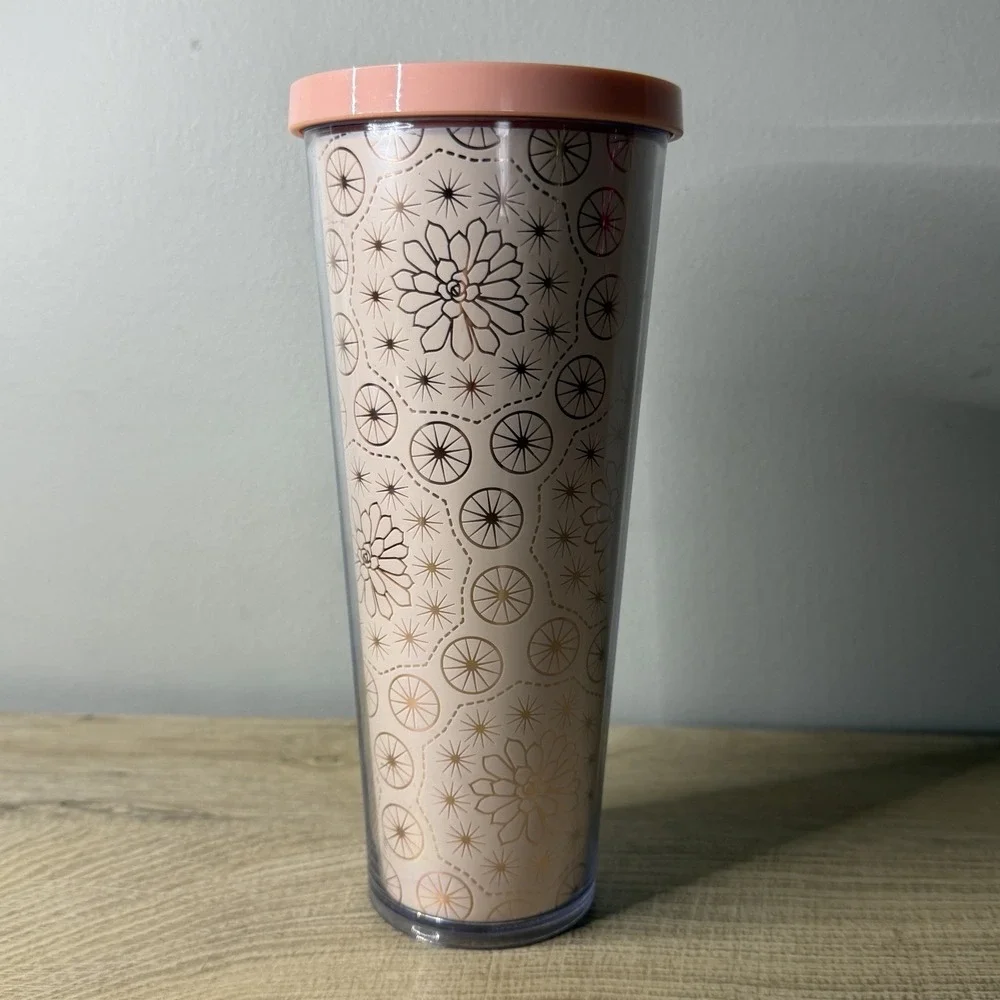 Starbucks Tumbler 24‎ oz Venti Cold Cup Pink Gold Floral Succulent Geometric Lid